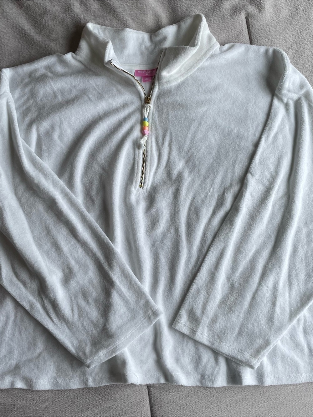 Stoney Clover Lane White Half-Zip Pullover with Rainbow Bead Pull